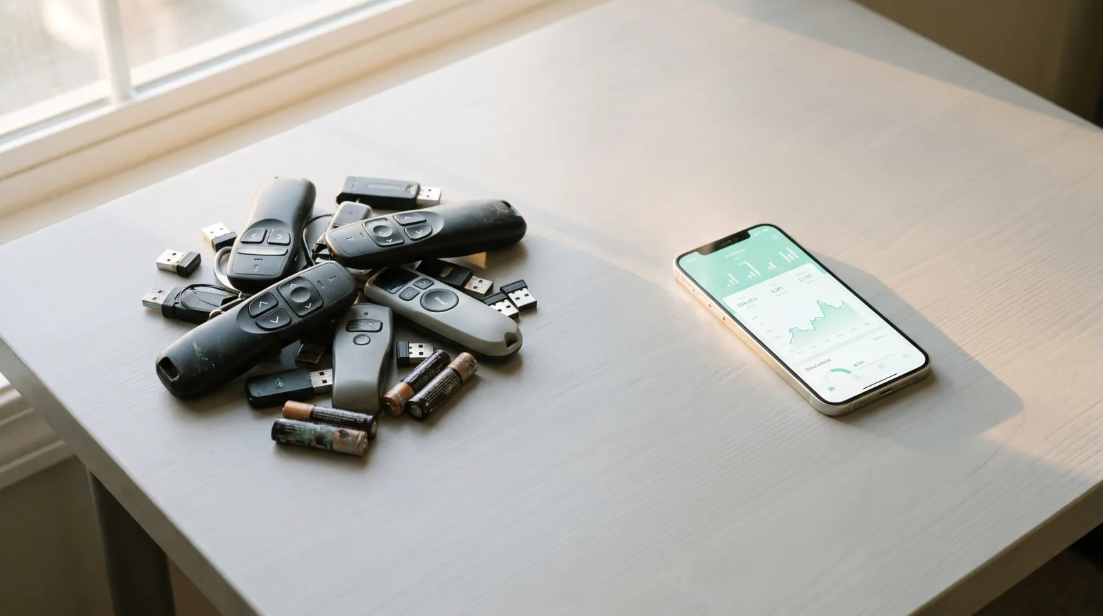 A pile of ageing hardware presentation clickers and USB dongle receivers beside a single smartphone running Cliqer as a remote