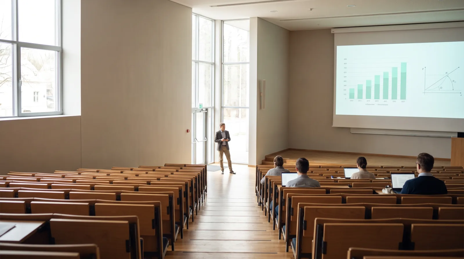Cliqer internet clicker in use, a presenter advancing slides on a conference stage