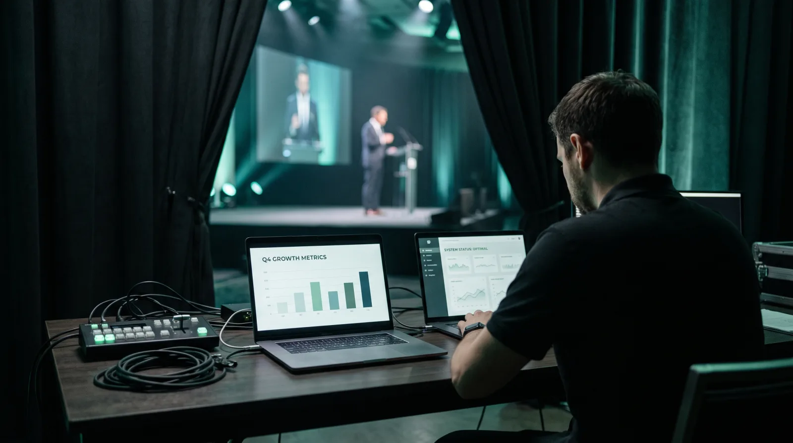 Event crew and speaker sharing one live deck with Cliqer as their presentation clicker